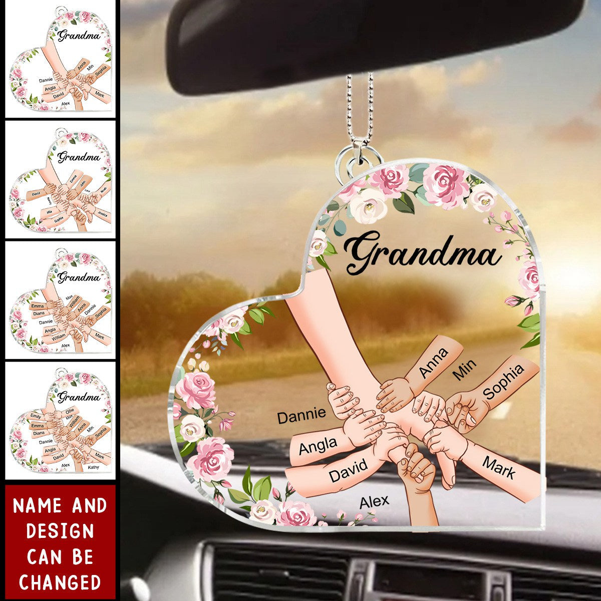 Grandma Holding Hand With Grandkids Names - Personalized Car Ornament