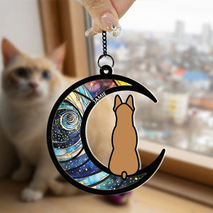 Dog & Cat On Moon - Personalized Window Hanging Suncatcher Ornament