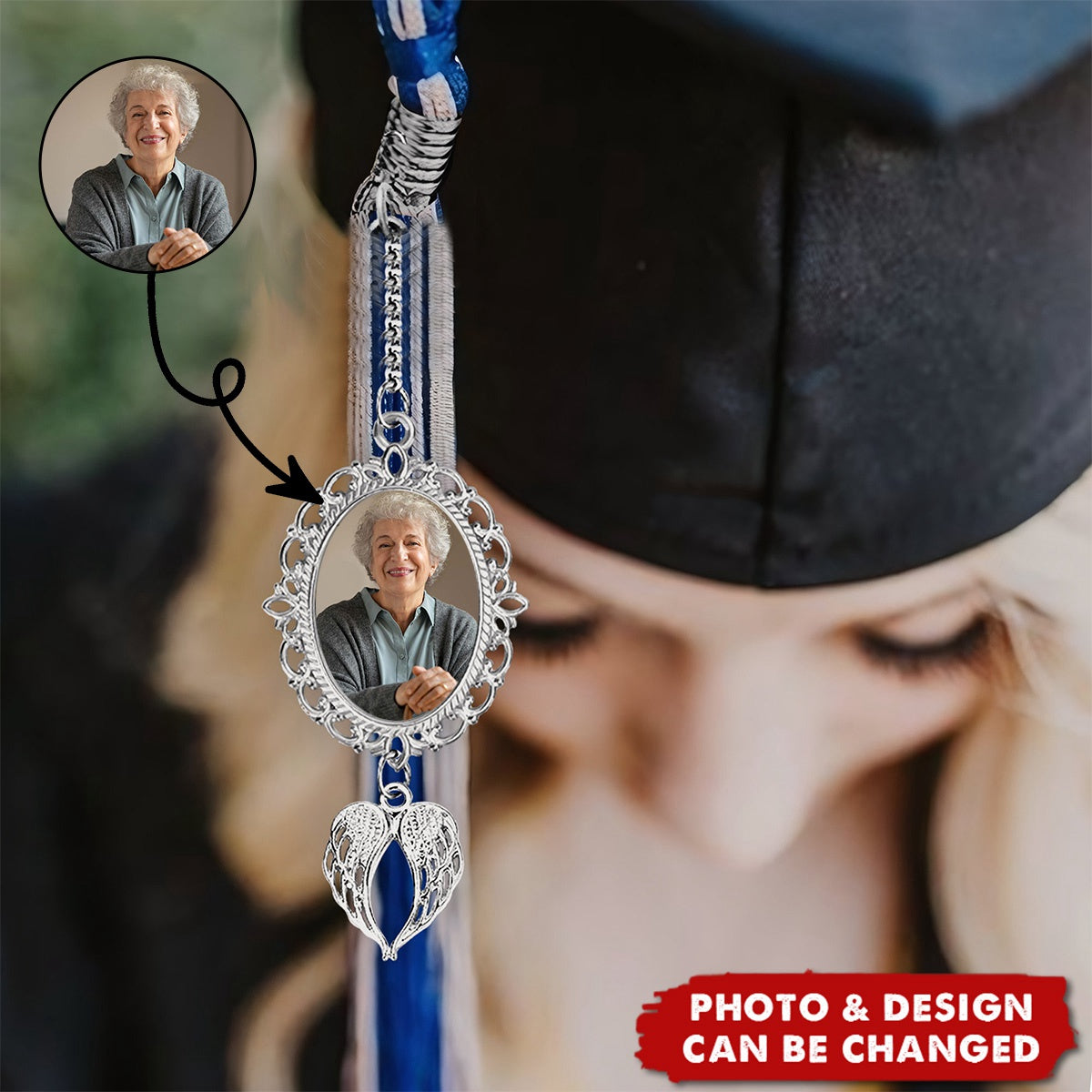 Custom Graduation Tassel Photo Charm with Angel Wings - Memorial Graduation Gift