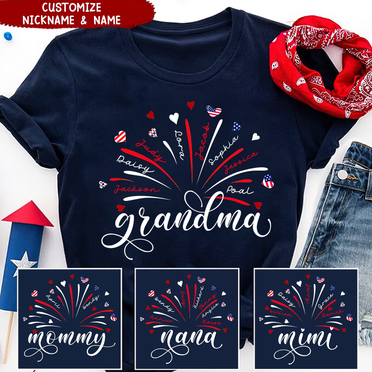 Firework America Flag Grandma Mom And Kids Personalized T-Shirt