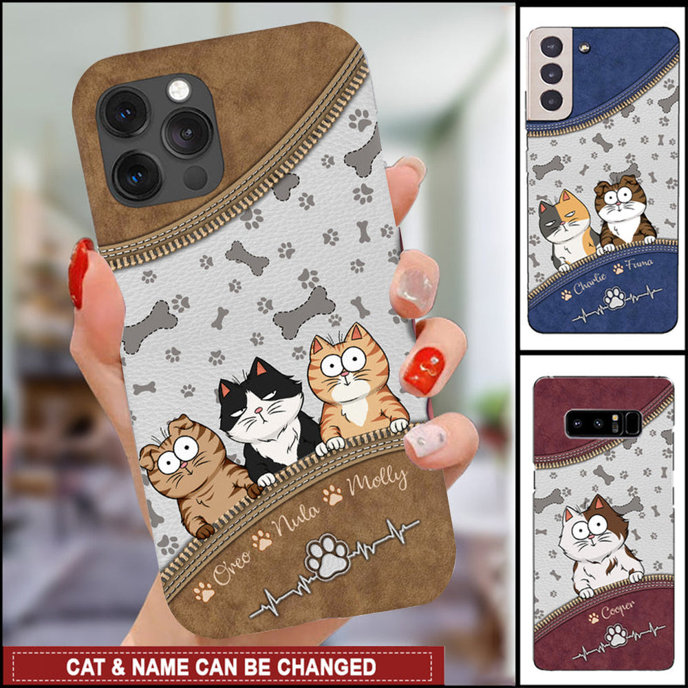 Cute Funny Kitten Pet Cat Pawprint Leather Zipper Texture Personalized Phone Case