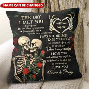 Personalized The Day I Met You Gothic Botanical Skeleton Pillow