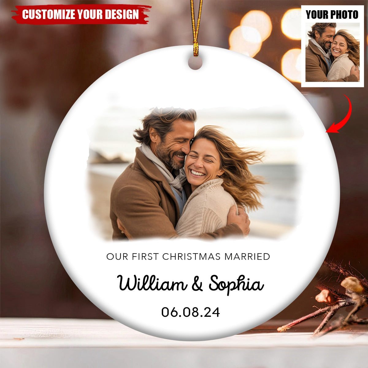 First Christmas Married Ornament - Married Photo Personalized Ceramic Ornament