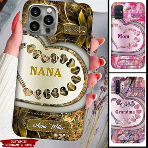 Sparkling Grandma Mom With Sweet Heart Kids, Multi Colors Personalized Glass Phone Case