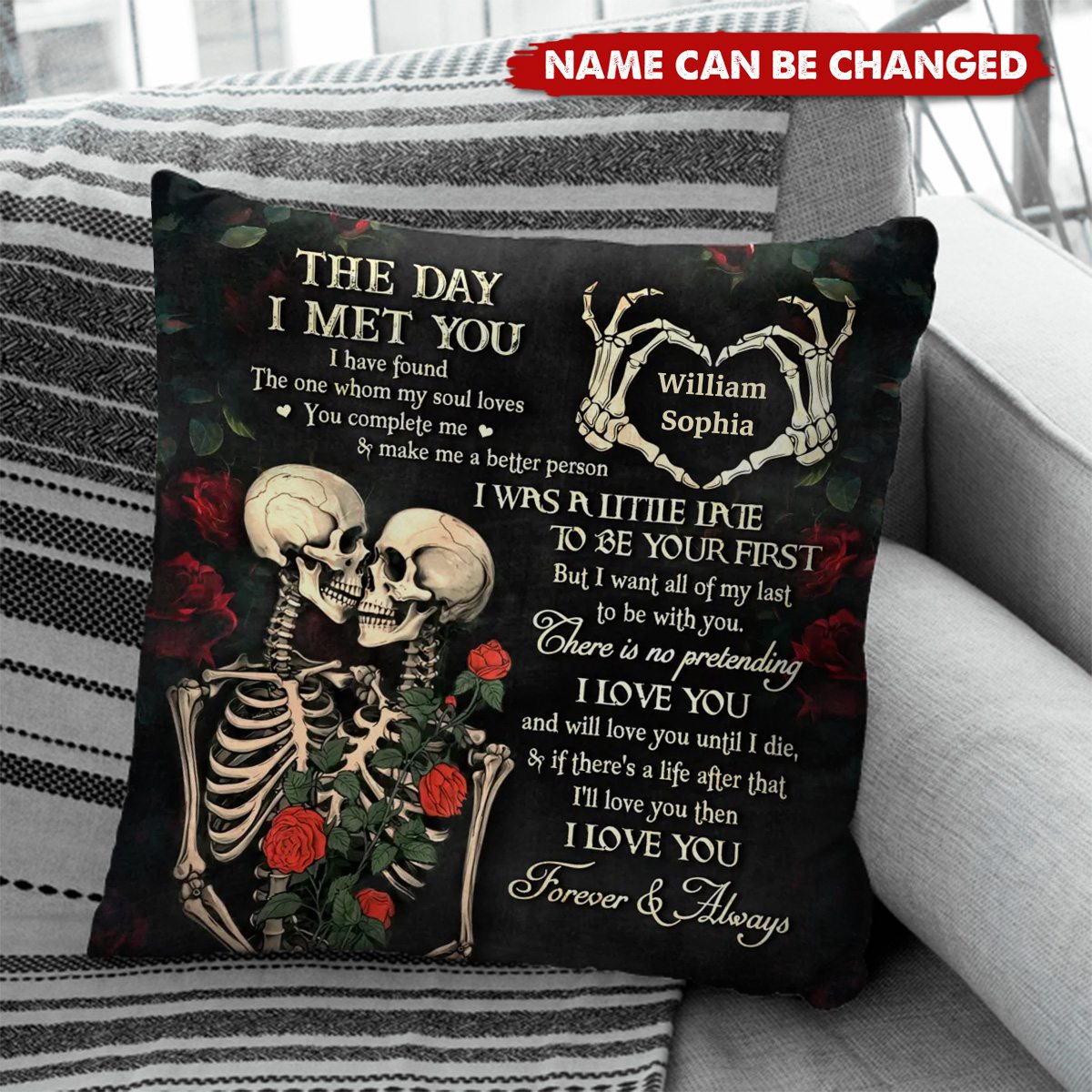 Personalized The Day I Met You Gothic Botanical Skeleton Pillow