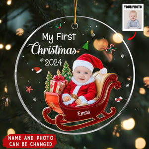 Personalized Baby 1st Christmas Custom Photo Adorable Little Santa Acrylic Circle Ornament