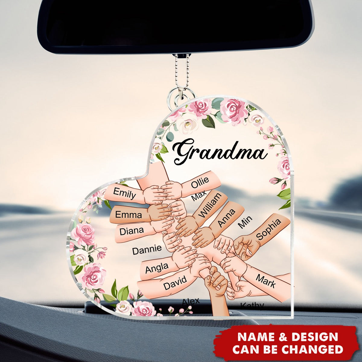 Grandma Holding Hand With Grandkids Names - Personalized Car Ornament