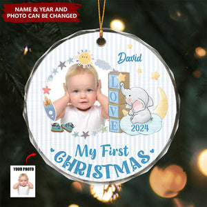 Custom Photo First Christmas - Personalized Elephant Baby Circle Glass Ornament