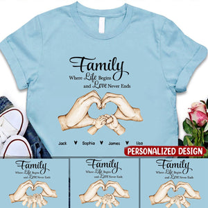 Family Heart Hand Custom Name, Where Life Begins And Love Never Ends Personalized T-Shirt