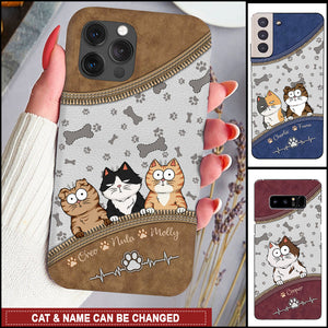 Cute Funny Kitten Pet Cat Pawprint Leather Zipper Texture Personalized Phone Case